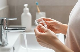 Woman cleaning her Invisalign aligner in bathroom
